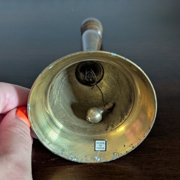 Vintage Etched Brass Hand Bell with Wooden Handle - Picture 2 of 4